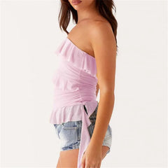 BXOXO Women Boho Strapless Ruffle Mesh Tube Top Solid Color Boat Neck Irregular Hem Slim Bandeau Top Sexy Cami Vest