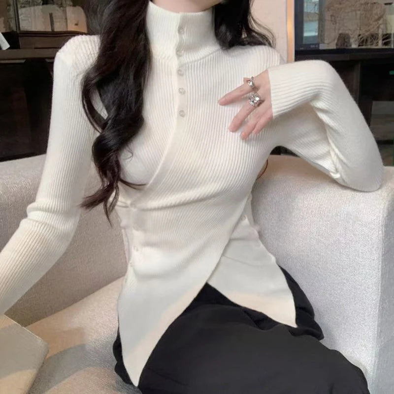 Bxoxo Half Turtleneck Irregular Knit Sweater Y2K Streetwear Cross Button Pullover Autumn Solid Long Sleeve All-Match Slim Base Jumper