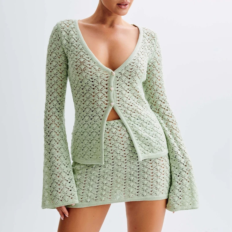 BXOXO Women Knitted 2 Piece Set Crochet Hollow Out Long Sleeve Button Cardigans Crop Tops + Mini Bodycon Skirt Y2K Vintage Outfit