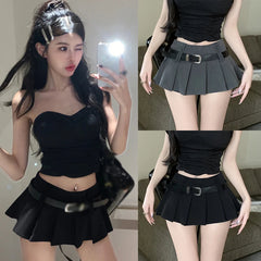 BXOXO Women's High Waist Short Skirt Sexy and Fashionable Spicy Girl A-line Pleated Skirt with Belt Half length Skirt