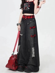 Bxoxo Y2K Gothic Hole Jeans Women American Streetwear Loose Patchwork Wide-Leg Denim Pants High Waist Hip Hop Grunge Straight Trousers