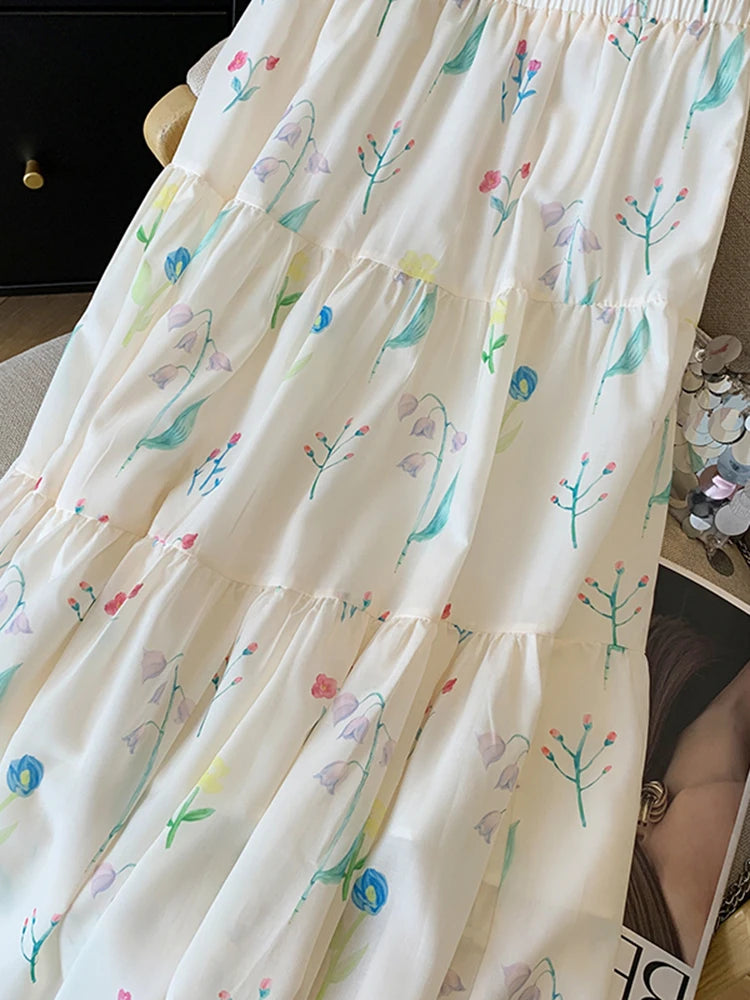 Bxoxo Floral Elegant Long Skirts Women Vintage Loose Sweet High Waist A Line Skirt Korean Retro Summer High Quality Long Skirt