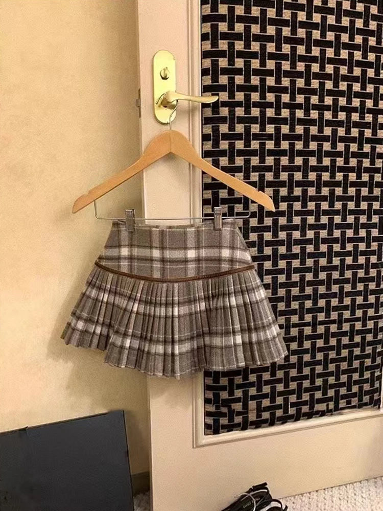 Bxoxo Vintage Plaid Pleated Skirts Women Y2K Autumn Winter Preppy Faux Woolen Mini Skirts Female High Waist Sweet Blended Skirts New