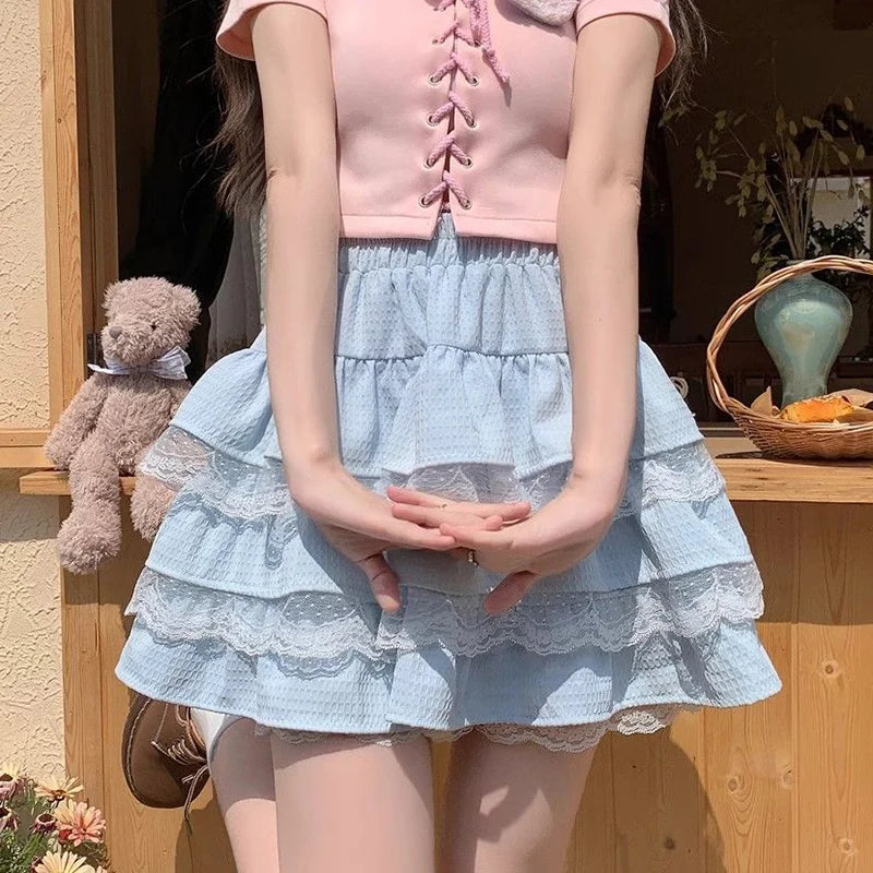 Bxoxo Japanese Sweet Lolita Cake Skirts Women Summer Lace Patchwork A Line Skirt Y2K Kawaii Ruffled Mini Skirts with Shorts Female