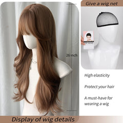 BXOXO 26 Inch Brown Wave Slightly Curly Wigs Fiber Synthetic Heat-resistant Deep Wave Hair Sweet And Natural Party or Selfie