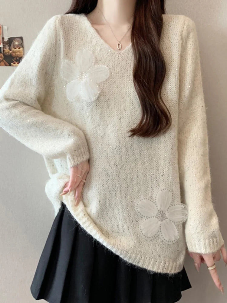 Bxoxo 3D Floral Sweet Sweaters Women Loose Fashion V Neck Elegant Knitted Jumper Casual Chic Korean Female Fall Winter Long Sleeve Top
