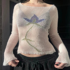 BXOXO Flower Long Sleeve Knitted Crop Tops Aesthetic See Through Sweater Tees 90s Vintage Y2k Gyaru Crop Tops Jumpers Cottage Clothes