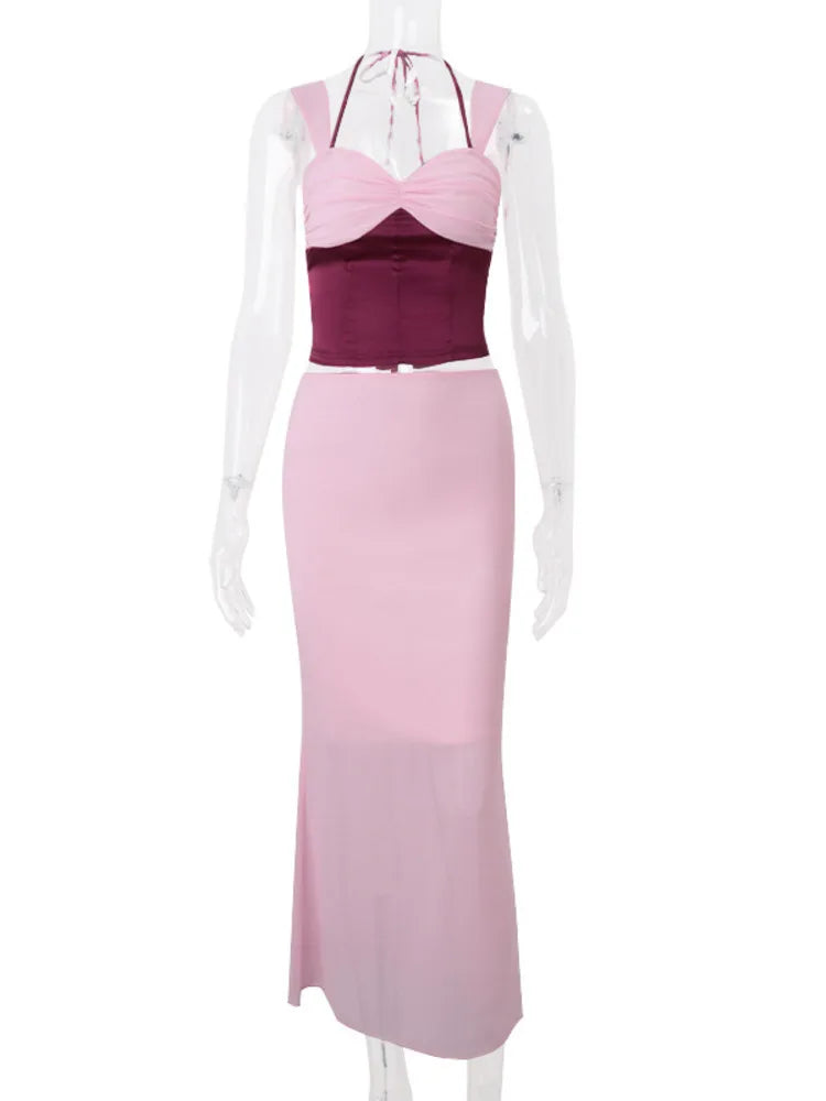 BXOXO  Sexy Skirt Two Piece Sets Women Halter Lace-up Cropped Tops And Maxi Skirt Ladies Fashion Sleeveless 2 Piece Sets