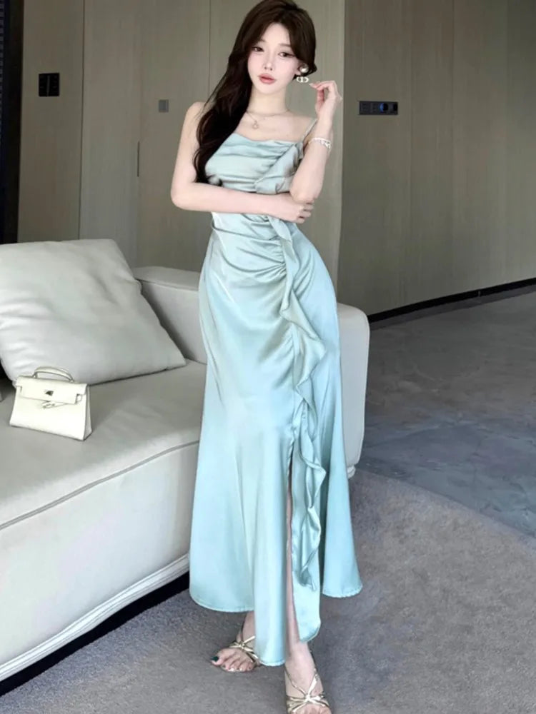 Bxoxo Party Chic Elegant Satin Split Sling Dresses For Woman Ruffles High Waist Folds Long Dress Prom Female Clothes 2025 New Robe