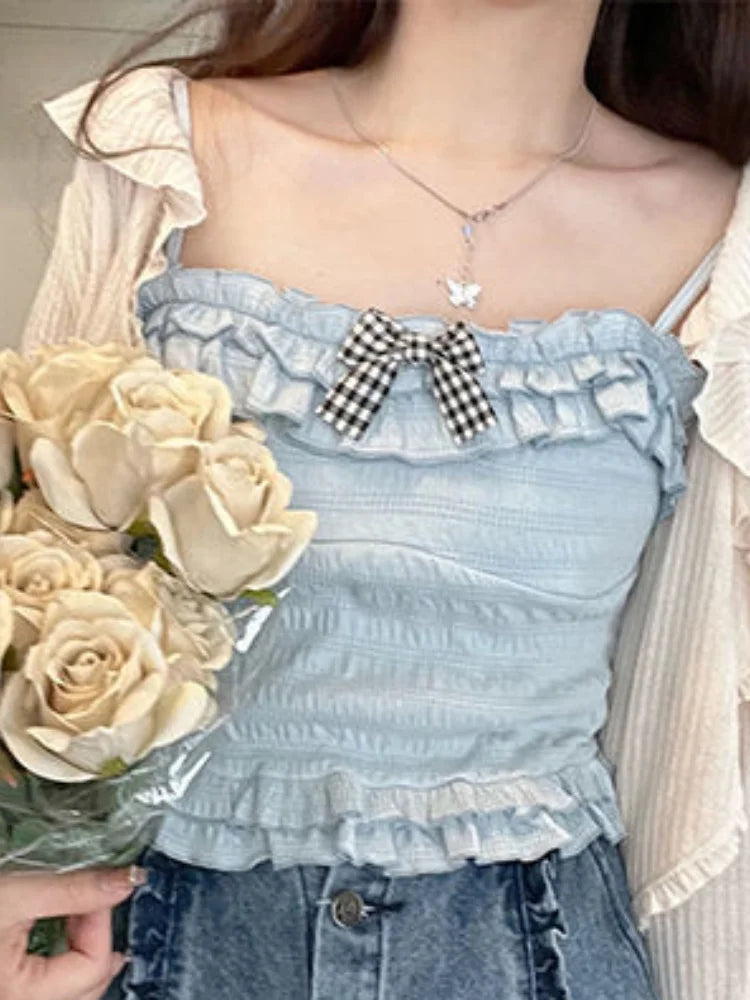 BXOXO Kawaii Candy Color Crop Top Women Japanese Lolita Sweet Tank  Boe Ruffle Short Tee Shirt All Match Cute s Summer