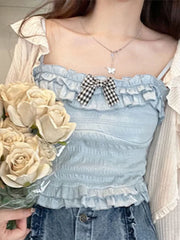 BXOXO Kawaii Candy Color Crop Top Women Japanese Lolita Sweet Tank  Boe Ruffle Short Tee Shirt All Match Cute s Summer