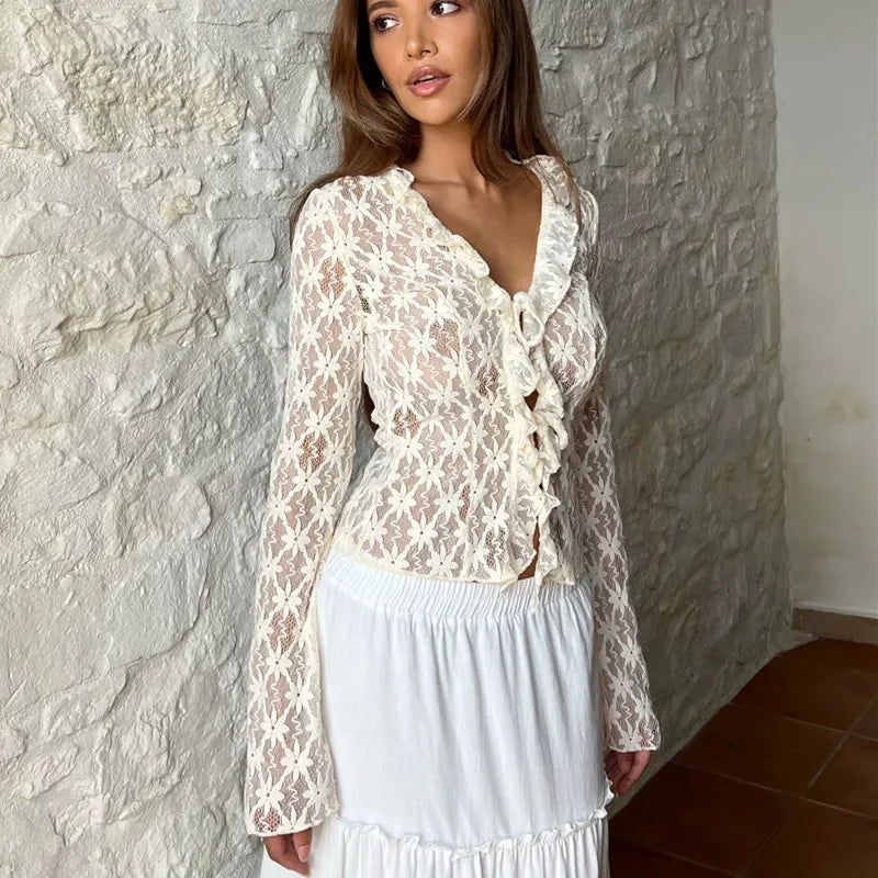 BXOXO Women's Summer Lace Floral Tops Sexy Y2k See Through Flare Long Sleeve Tie Front Sheer Slim Crop Cardigan Clubwear