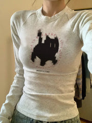 BXOXO New Fashion Kawaii Cat Print Grunge T-shirts 2025 Autumn Sweet Flower Grey Crop Top Women Y2k Aesthetic Al Match Harajuku Tees