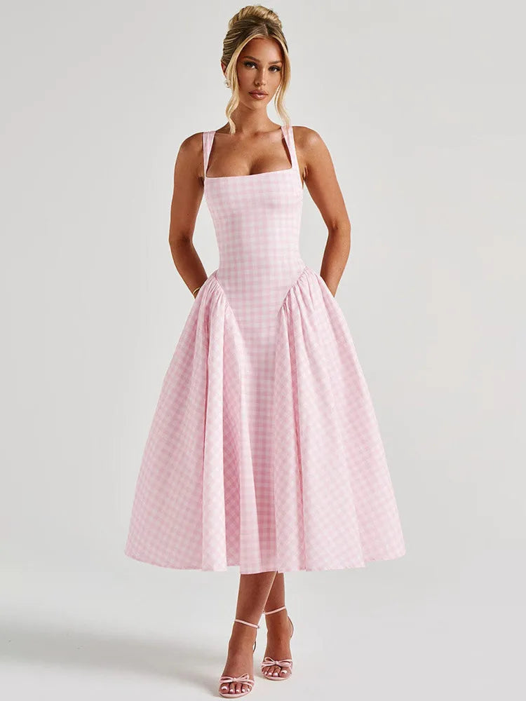 BXOXO Plaid Printed Maxi Dress For Women Gown Summer New Spaghetti Strap High Waist A-line Backless Club Long Dress Vestido