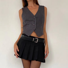 BXOXO Fashion Women Pinstripe Vest Vintage Sleeveless V Neck Crop Suit Vest Dressy Casual Button Waistcoat Y2K Outerwear Gilet