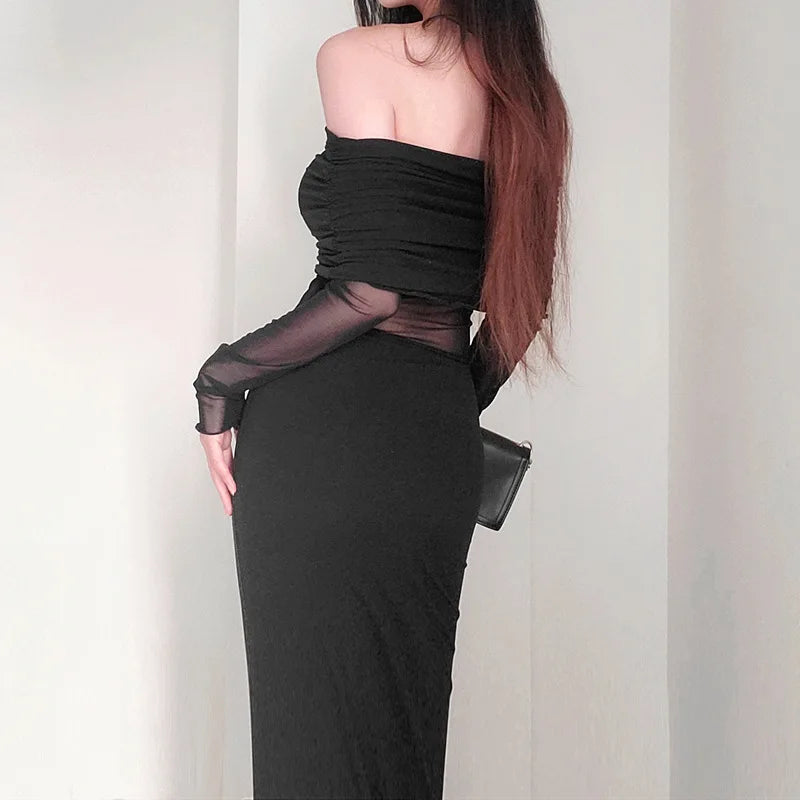 BXOXO Strapless Black Sexy Women's Dress Lace Patchwork Long Sleeves Bodycon Autumn Long Dresses Streetwear Elegant Party Clubwear