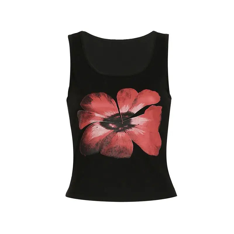 BXOXO Y2k Print Tank Women Floral Sleeveless T Shirt Streetwear Vintage Grunge Crop Tops 2000s Aesthetic Japanese Vest Tops