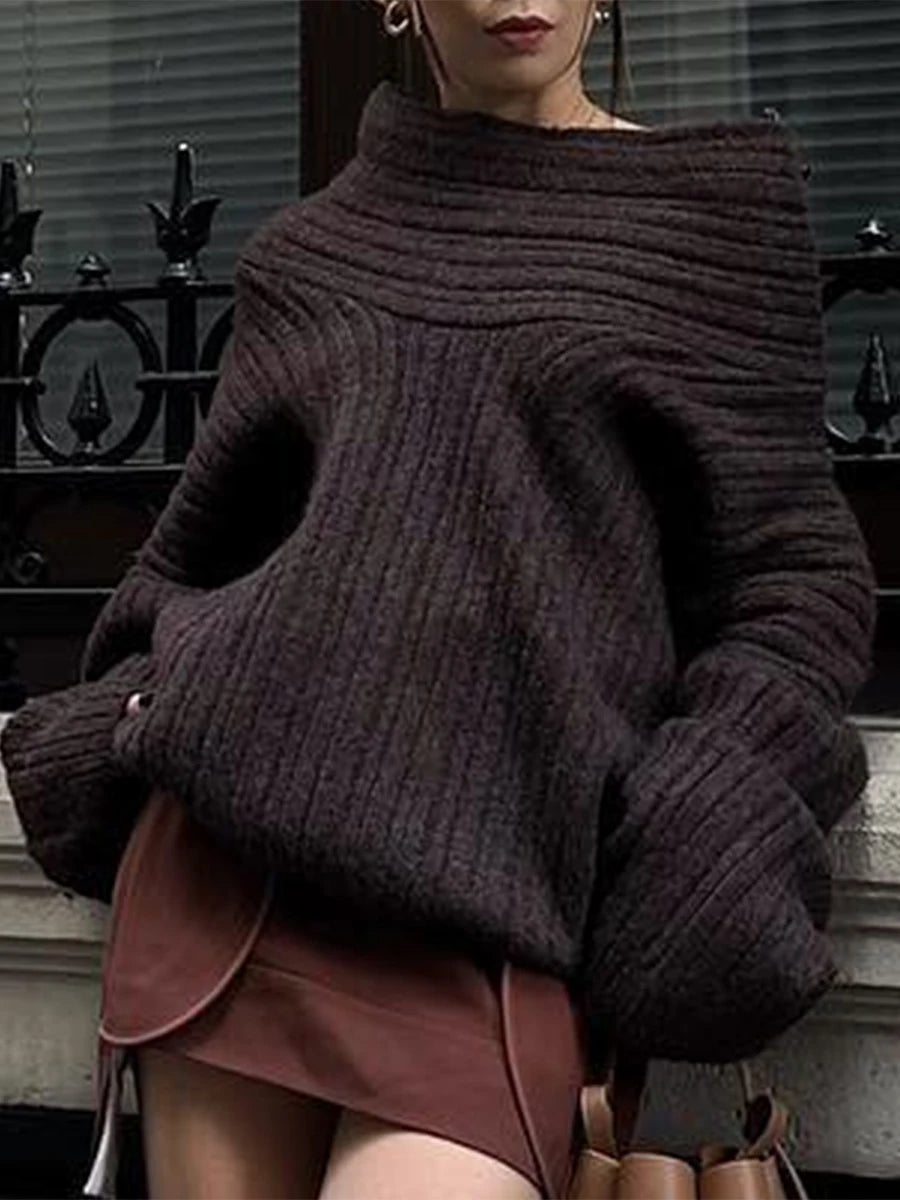 Bxoxo Women y2k Loose Knit Sweater Solid Color Long Sleeve Boat Neck Off Shoulder Pullovers Fall Winter Casual Jumpers Streetwear
