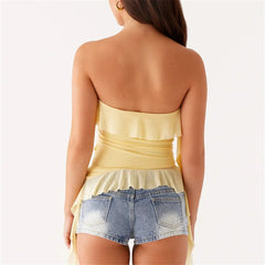 BXOXO Women Boho Strapless Ruffle Mesh Tube Top Solid Color Boat Neck Irregular Hem Slim Bandeau Top Sexy Cami Vest