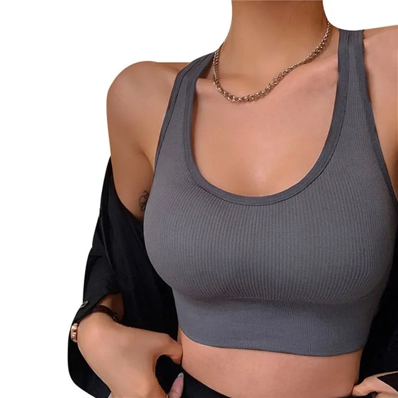 BXOXO4 Women Seamless Sexy Cross-back Hollow Out Knitted Camisole Summer Sports Cropped Padded Tanks Push Up Bra Tops Lingerie Bralette