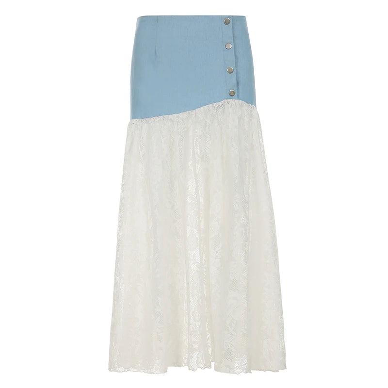 Bxoxo Fairycore Lace Stitching Skirt Chic Irregular Denim Patchwork Low Rise Long Skirts for Women Summer Streetwear y2k Skirts