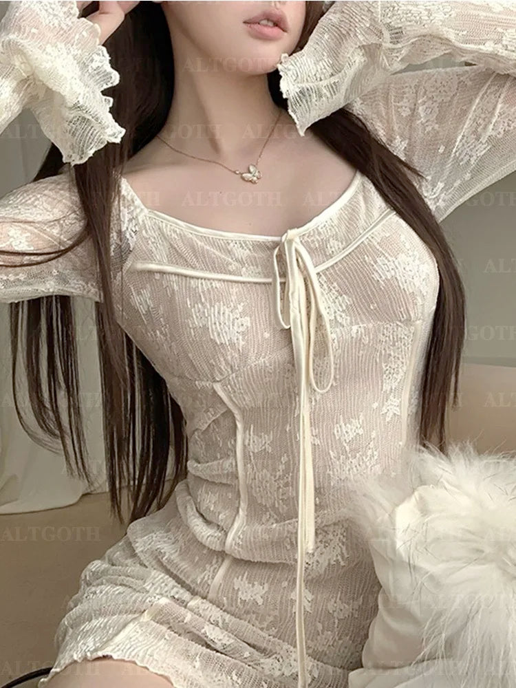 BXOXO Aesthetic Fairycore Grunge Lace Dress Women Vintage Pastel Goth Sexy Square Collar Long Sleeve High Waist Corset Dress