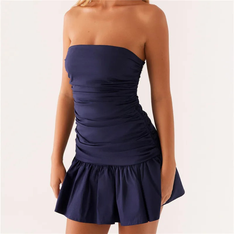 BXOXO Fashion Women's Ruched Tube Top Dress Vintage Holiday Strapless Sleeveless Slim Fit Flare Dress Summer Clubbing Dress