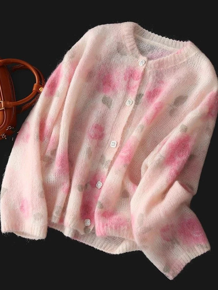 Bxoxo Elegant Floral Sweet Cardigan Sweaters Women Long Sleeve Lazy Wind Vintage Knitted Coats Fall New O Neck Single Breasted Tops