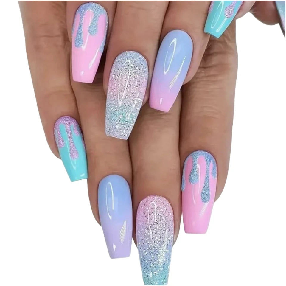 24Pc/Lot Light Pink Blue Gradient Long Ballet Fake Nails Acrylic Press on Nail Tips Removable Artificial Wearing False Nails Art