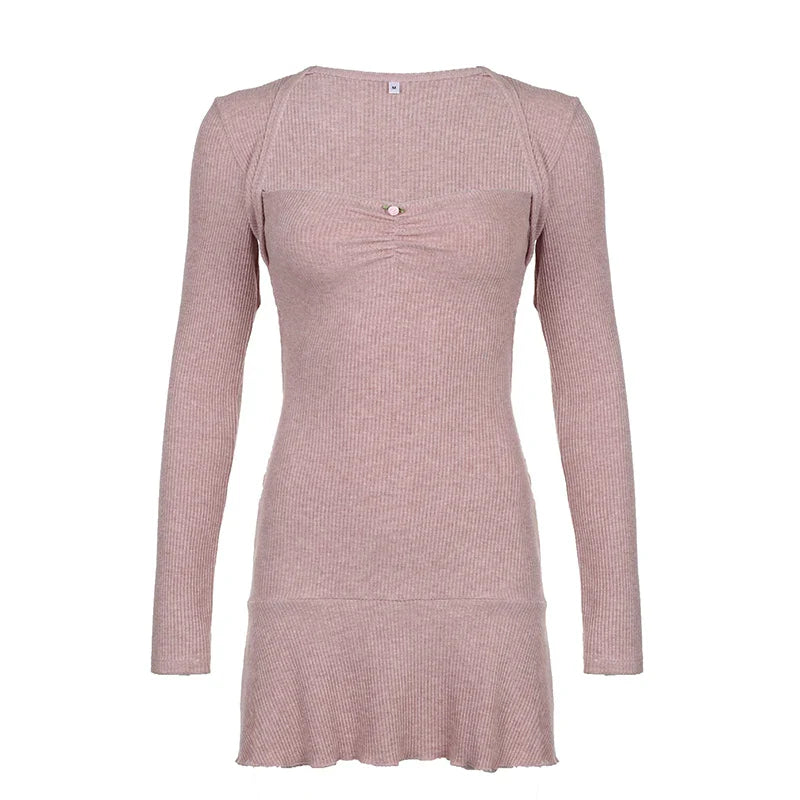 BXOXO Korean Square Neck Pink Autumn Dress Women Sweet Fold Coquette Clothes Slim Basic Knit Mini Dress Elegant Stylish New