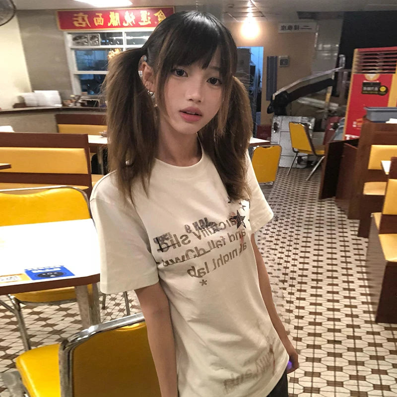 BXOXO Y2k Japanese Prin T-shirt Short Sleeve 2000s Aesthetic Grunge Tops Egirls Streetwear 2000s Aesthetic Graphic Tops Tee