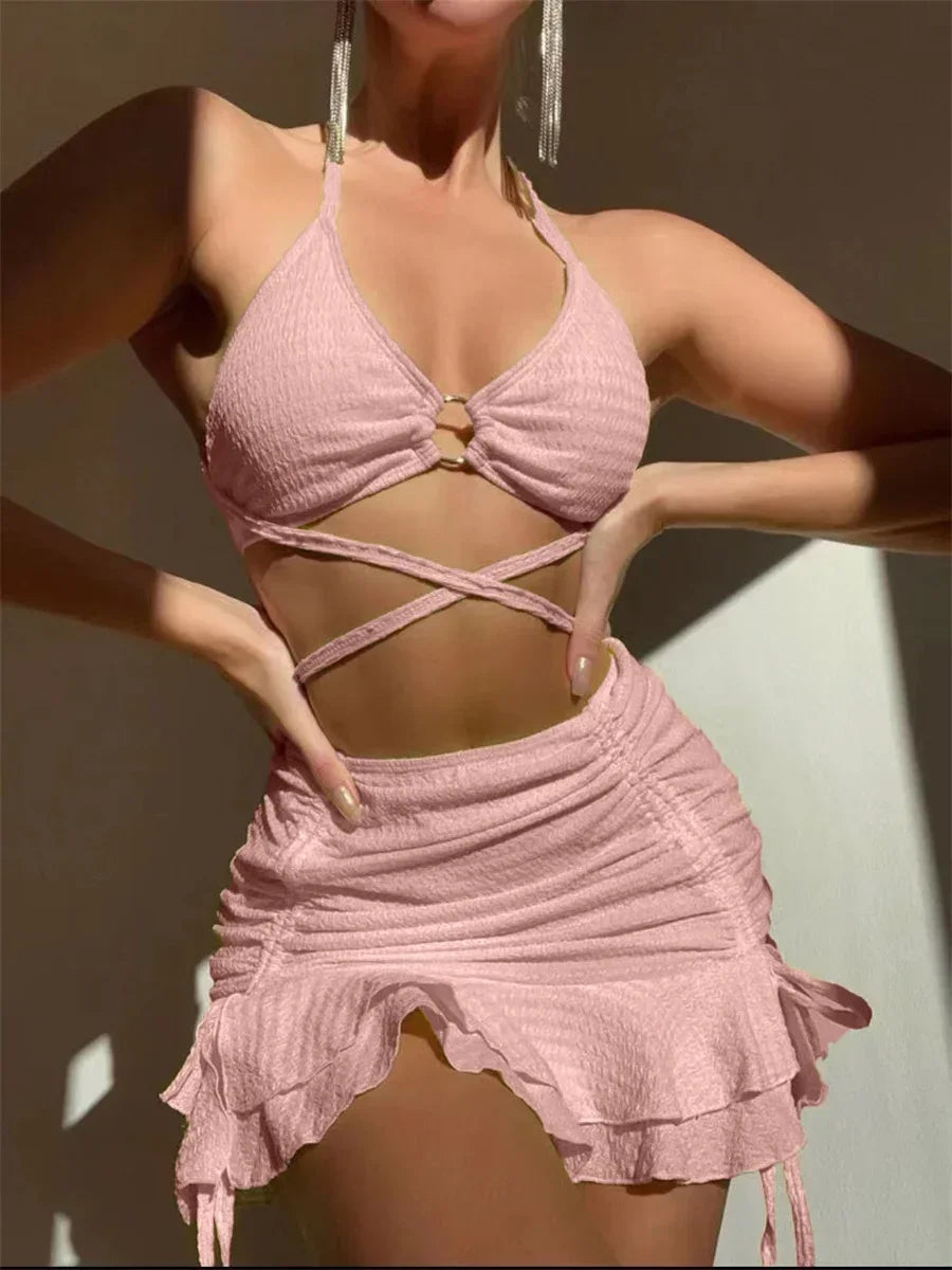 Bxoxo Sexy Yellow Bikini Women Solid Halter Ring Linked Criss Cross Cover Up 3 Piece Swimsuit 2024 Bathing Suit Ruffles Skirt Swimwear