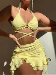 Bxoxo Sexy Yellow Bikini Women Solid Halter Ring Linked Criss Cross Cover Up 3 Piece Swimsuit 2024 Bathing Suit Ruffles Skirt Swimwear