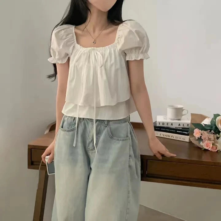 Bxoxo Summer New Sle Double Layered Chiffon irt with Bow Tie Bubble Sve Square Collar ort Sve Women's Faion Top