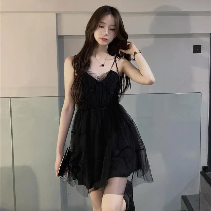 BXOXO Dresses Women Mesh Spaghetti Strap Hotsweet Ball Gown Princess Lace-up Stylish Korean Style Mini Ins Summer Backless Temperament