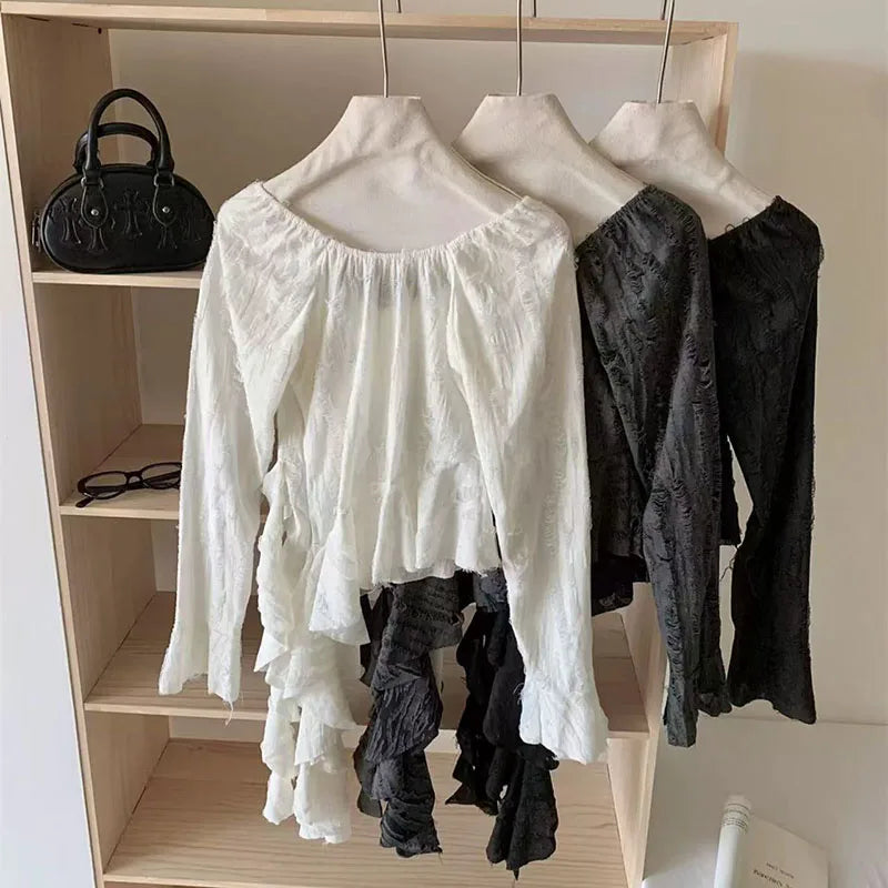 Bxoxo Irregular Patchwork Women T Shirts Y2K Fashion Gothic Ruffled Sleeve Female Tops Streetwear Sexy Hollow Out Hole Casual Tees New