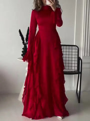 BXOXO Elegant Long Sleeved Ruffled Round Neck Maxi Dress For Women's Spring New 2025 Party Club Evening Dress Slim Vestidos