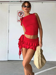 BXOXO Vacation Women 2 Piece Set Double-Deck Pleated Tassel Mini Skirt+Bandage Tank Top Festival Party Sexy Matching Outfits