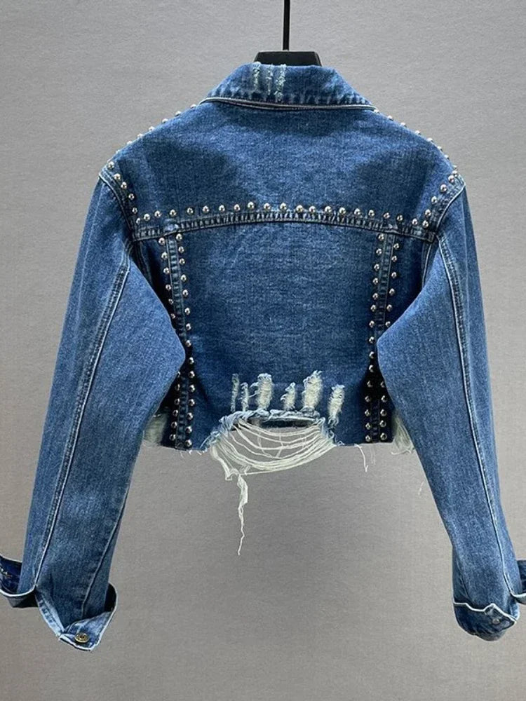 BXOXO Womens Denim Jacket 2024 Spring Summer New In Heavy Industry Rivet Studded Jean Jacket Women Worn Nail Bead Jean Jacket Top