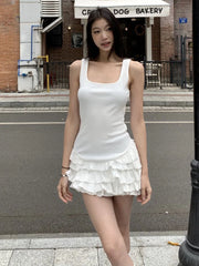 Bxoxo Black Sweet Camis Dress Women Summer Fashion Ruffle Patchwork Streetwear Tutu Dress Sexy Slim Sleeveless Mini Vestidos Female