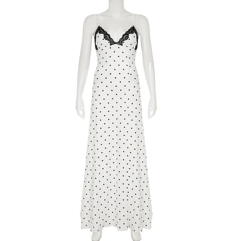 Bxoxo Sexy V-neck Polka Dot Suspender Dress For Women Slim French Retro LAce Splice Long Dress Female Sexy Summer Party Dress