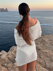 BXOXO Fashion Mesh Patchwork Dress Women Knitted Elegant Ruched Slash Neck Flared Sleeve Vacation Beach Party Mini Bodycon