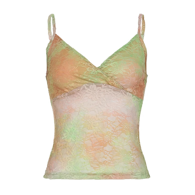 BXOXO y2k Lace Tie Dye Camis Chic Slim-fitting Cropped Top for Women Vintage 90s Mini Vest Summer Holiday Sexy Transparent Tees