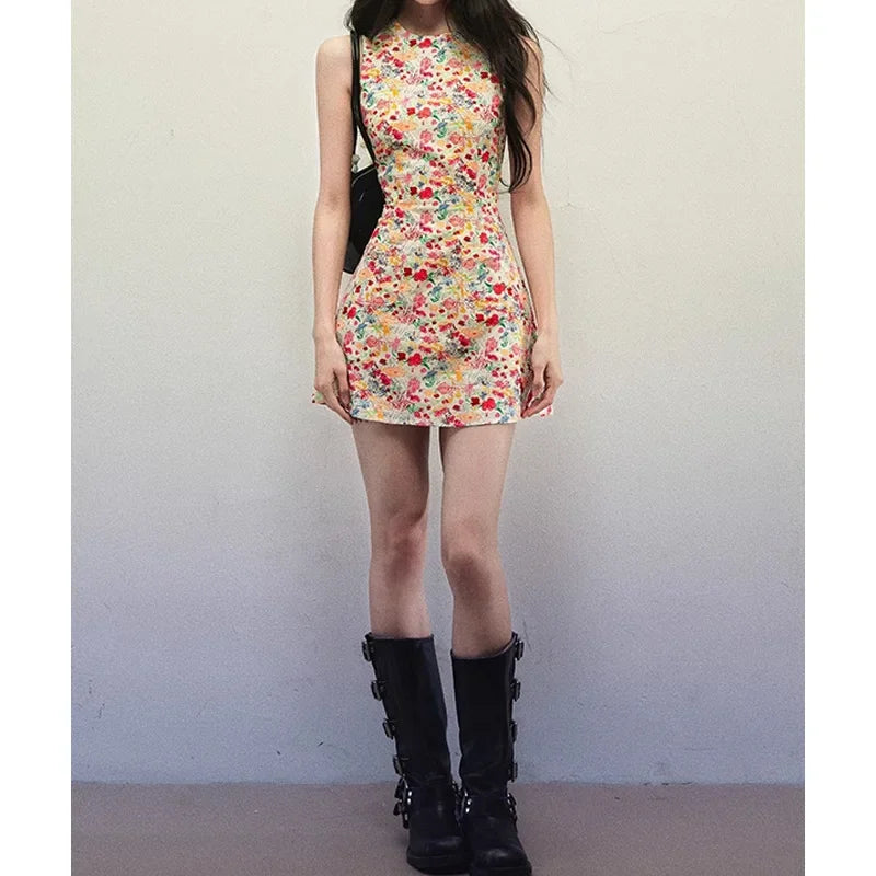 Bxoxo Summer Floral Print Tank Dress Women's round Neck Slim Fit Waist Cinched Sleeveless Mini Skirt Empire Waist Dress