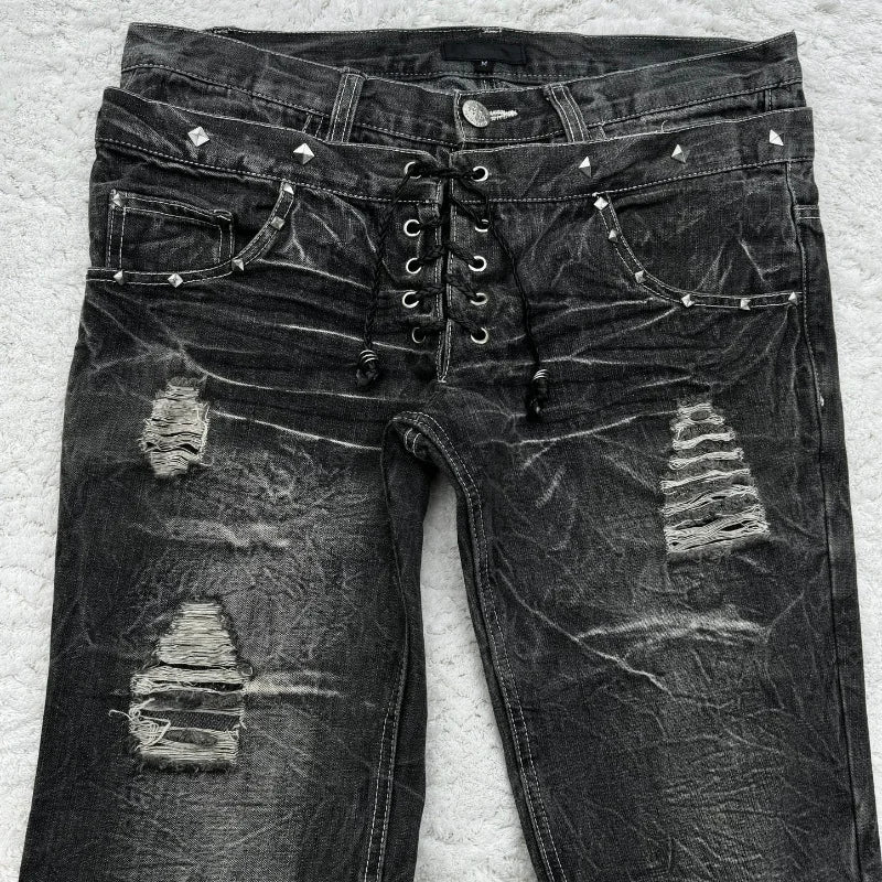 Bxoxo Vintage Double Waisted Lace Up Micro Flared Jeans Women Y2K Washed Wide Leg American Style Denim Pants Baggy Streetwear