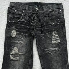 Bxoxo Vintage Double Waisted Lace Up Micro Flared Jeans Women Y2K Washed Wide Leg American Style Denim Pants Baggy Streetwear
