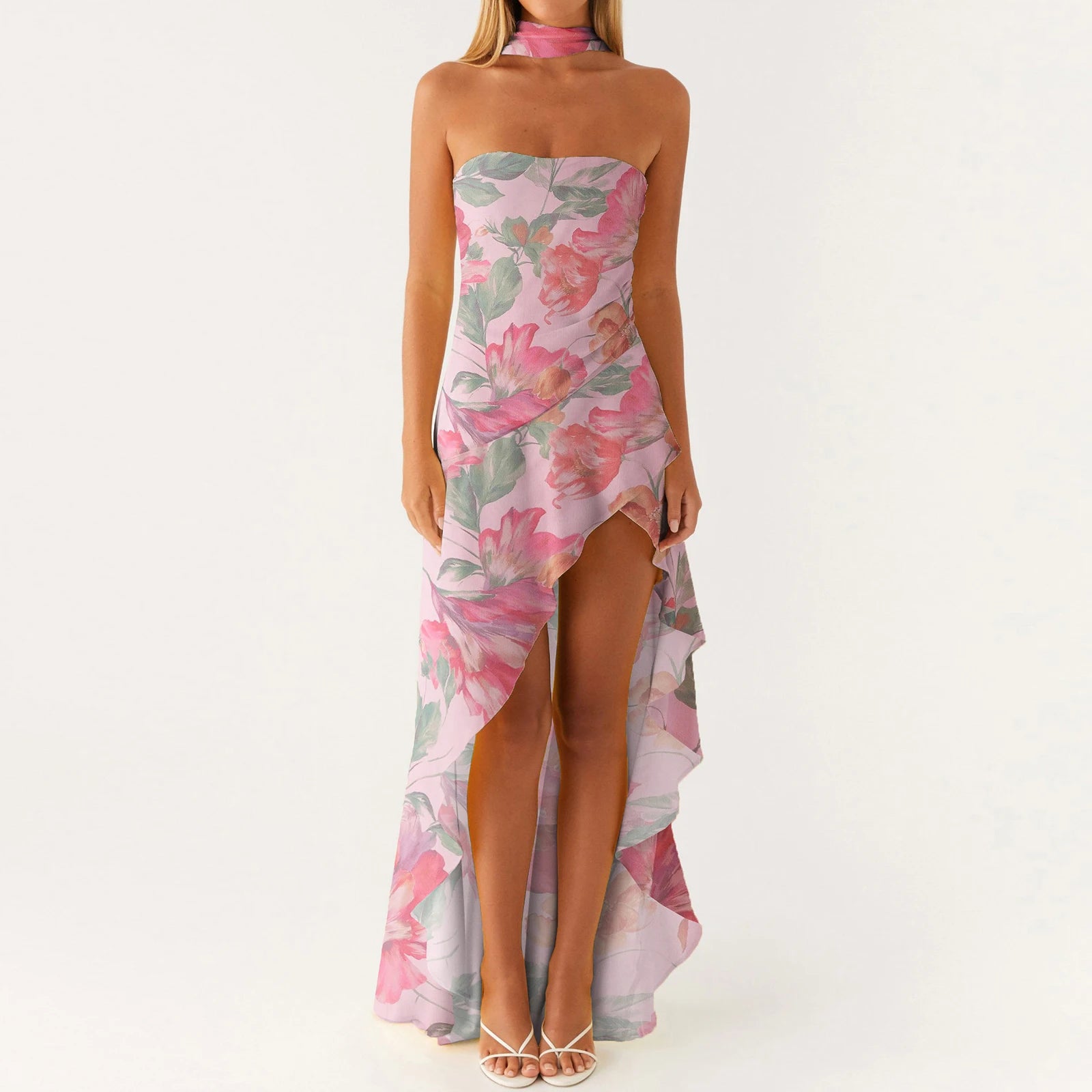BXOXO Women Casual Tube Dress Summer Solid Color/Floral Print High Low Ruffles Dress with Scarf for Cocktail Streetwear
