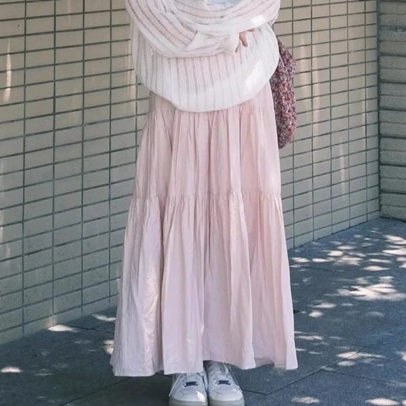 BXOXO Skirts Women Sweet 2025 Summer Fashion Stretch High Waist Solid French Style Chic Elegant Long Skirt Female Casual