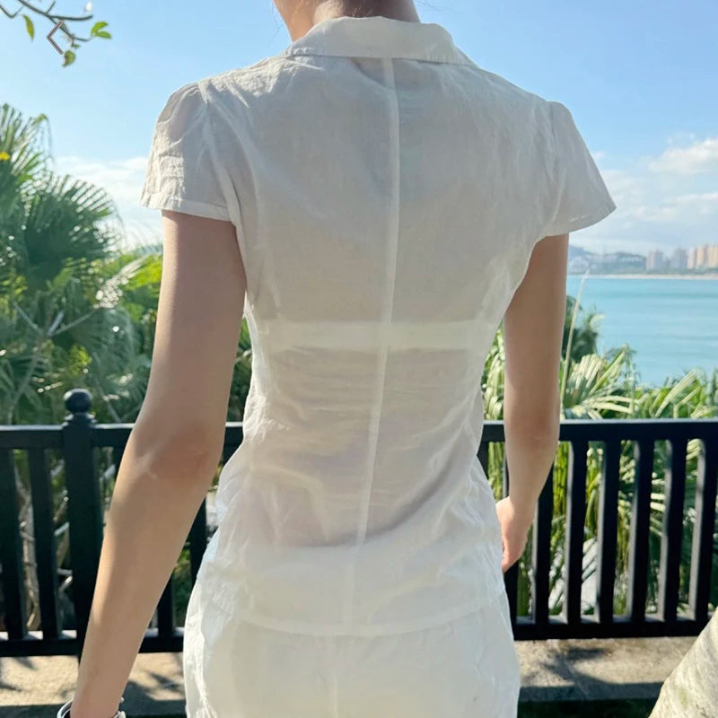 BXOXO White Short Sleeve Transparent Blouse for Women y2k Streetwear Button-up Slim-fitting T-shirts Vintage 2000s Tees Summer