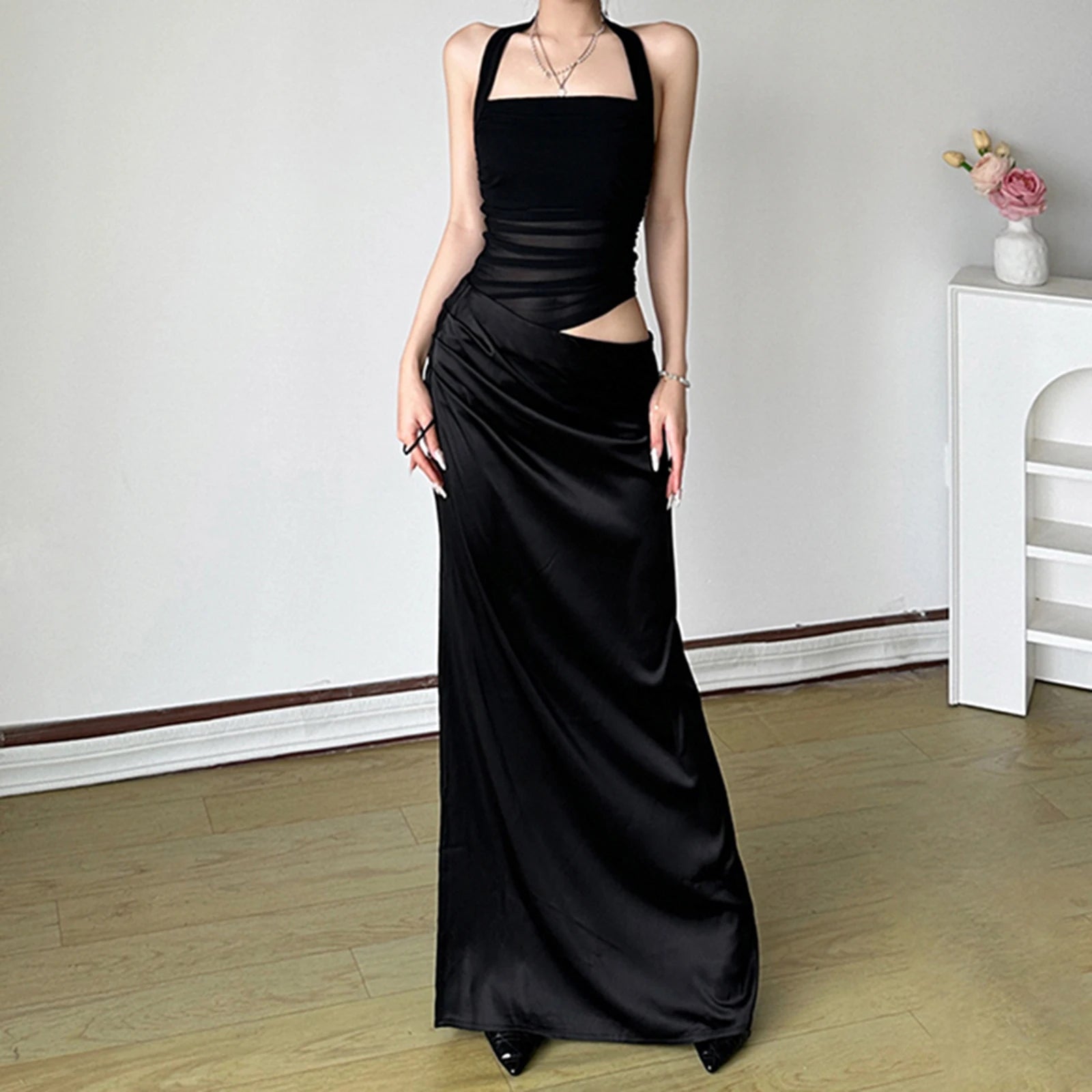 BXOXO Mesh Patchwork Backless Sexy Maxi Dress For Women Gown Fashion Halter Sleeveless Strapless Bodycon Club Long Dress